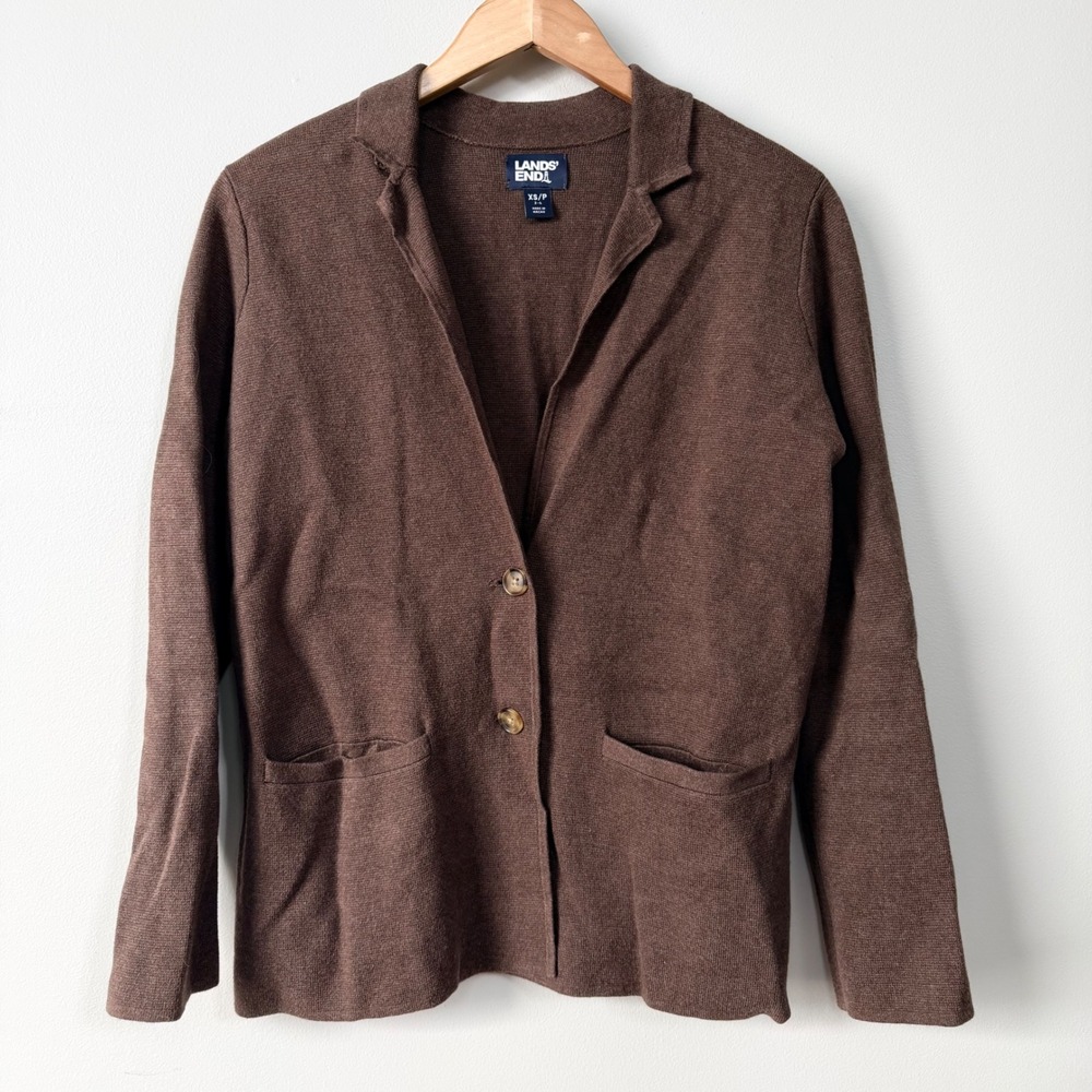 Lands End Brown Knit Blazer Cardigan 100% Cotton Womens M Schoolboy Sweater Work